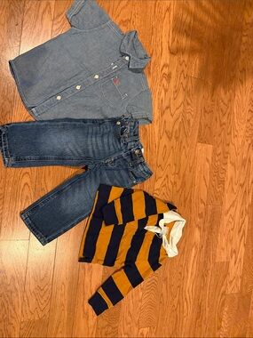 Old Navy Boys Blue Denim Shirt & Navy/Gold Striped Hoodie Set